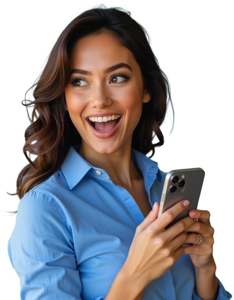 Mulher sorridente de camisa azul segurando um celular, ilustração de marca da TopX